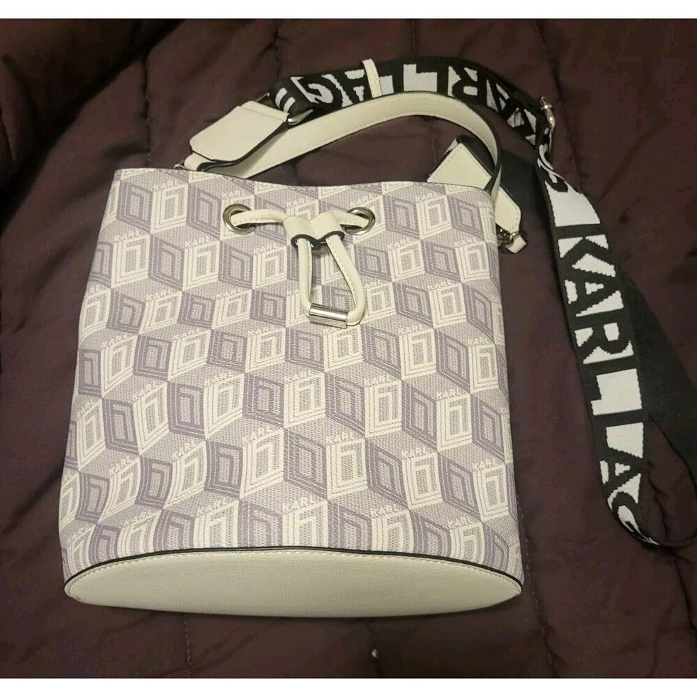 Karl Lagerfeld Paris White/Gray Logo Bucket Crossbody HandBag